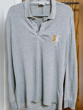 Burberry Men's XL Long-Sleeve Polo Shirt in Light Gray with Embroidered "TB"logo